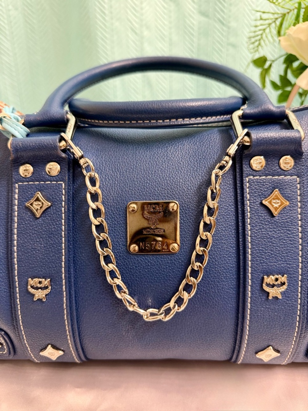 Like New - MCM Blue Leather Boston Satchel - Picture 2 of 8